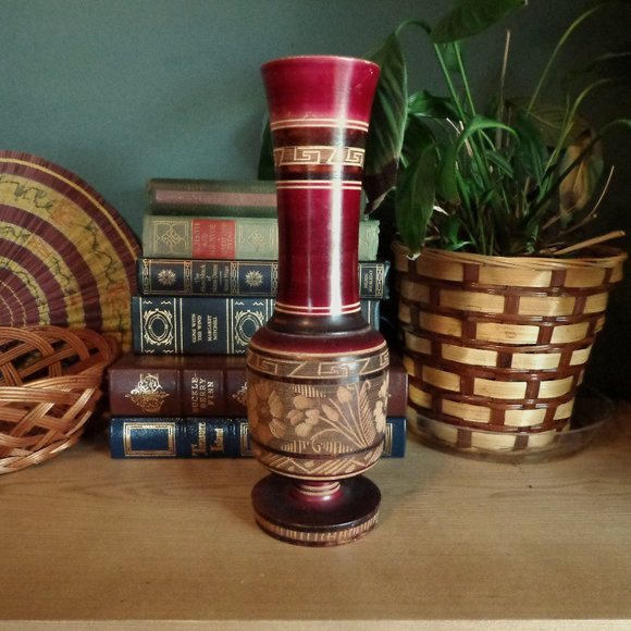 Other - Hand Carved, Hand Turned Wood Vase, Daisy and Thistle Floral Pattern